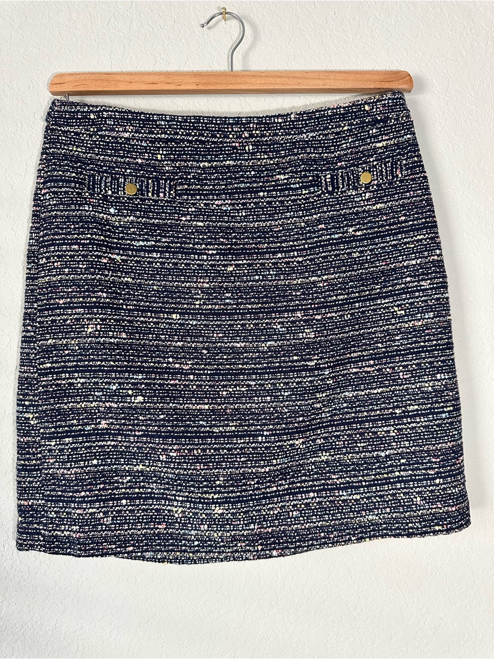 LOFT Navy Tweed Mini Skirt with Gold Buttons